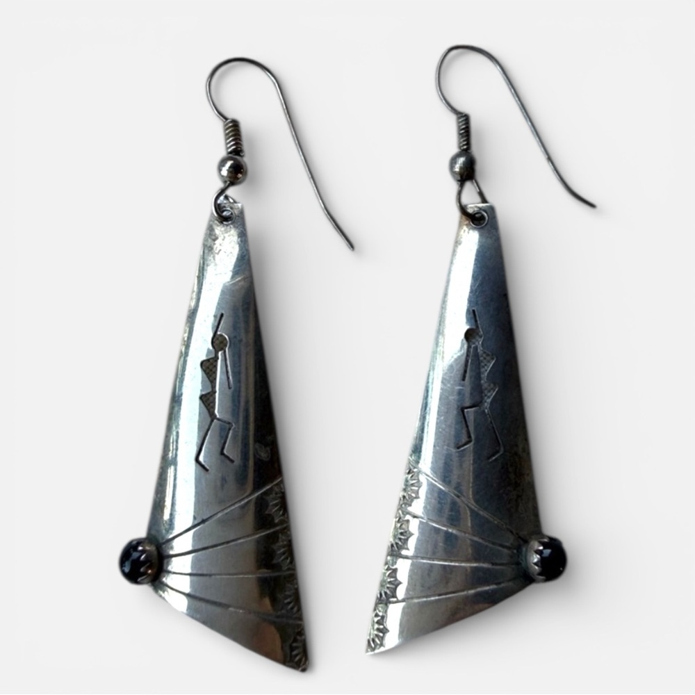 Vintage Sterling‎ earrings silver Kokopelli design  black onyx Native American